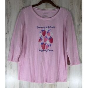 Talbots Top Size 1X Petite Pink Strawberry 3/4 Sleeve Cotton Modal Embroidered